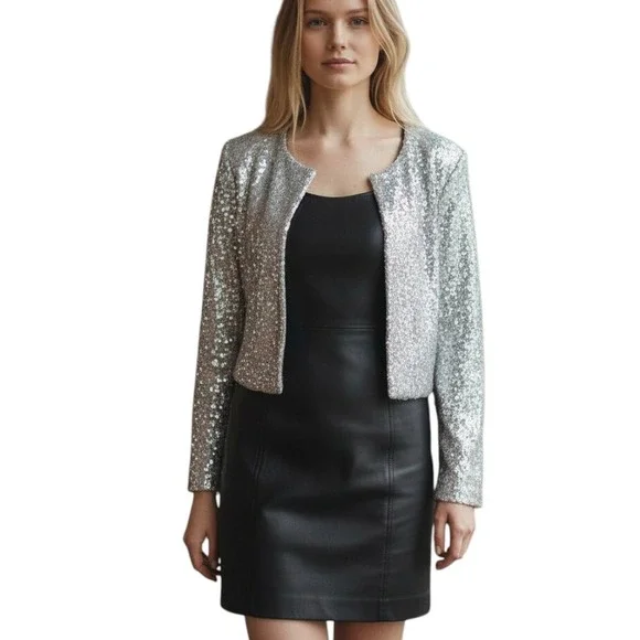 GOOD AMERICAN Silver Sequin Embellished Cardigan Top Size Small NWT $179 - Picture 2 of 9